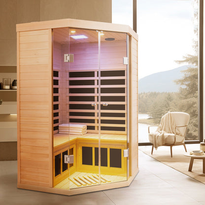 Deluxe Hemlock Far Infrared Corner Sauna Room with Glass Front for Two Persons