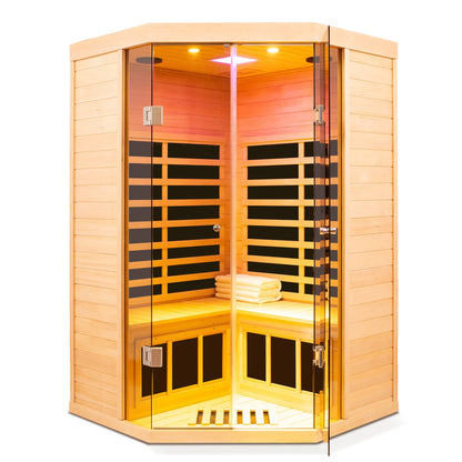 Deluxe Hemlock Far Infrared Corner Sauna Room with Glass Front for Two Persons