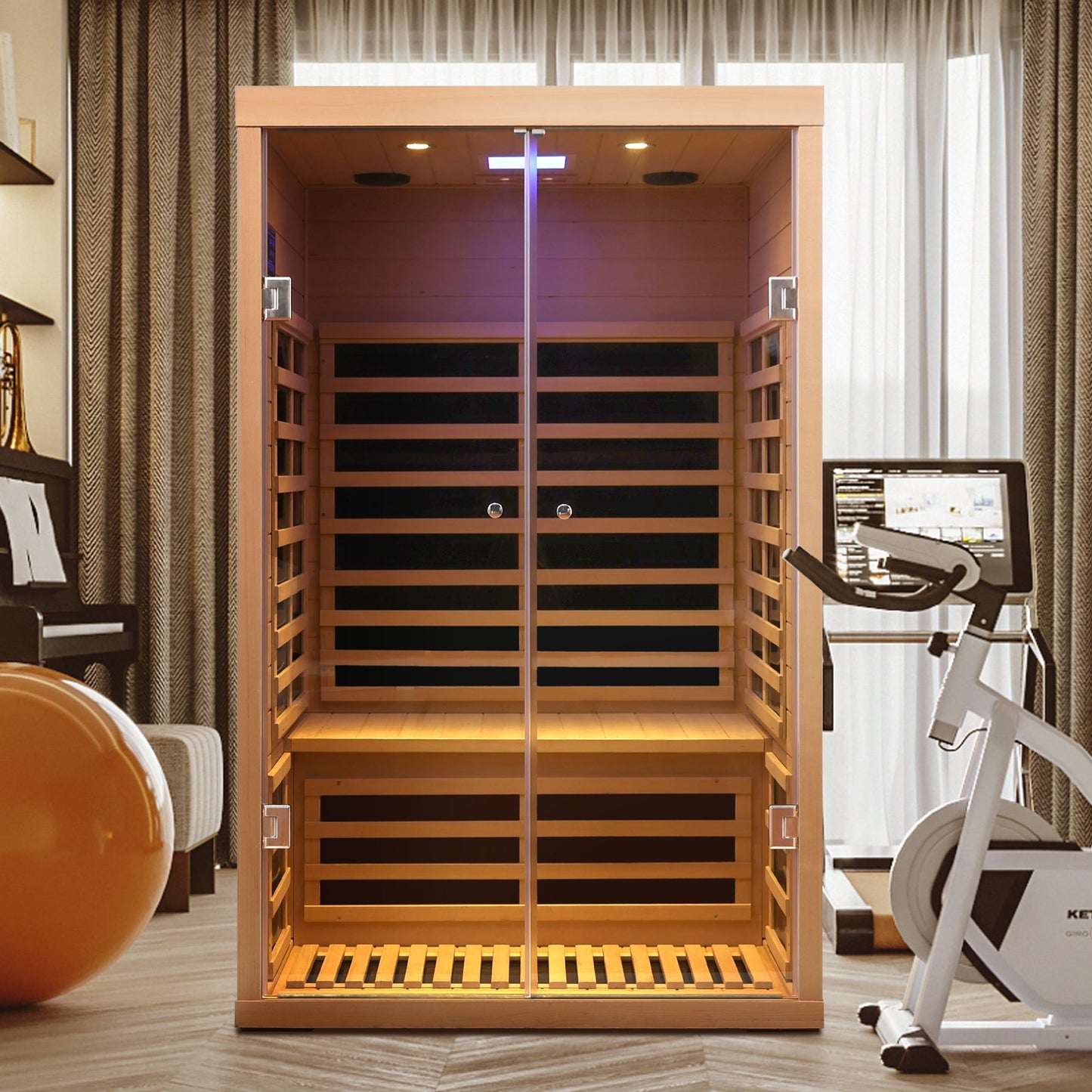 Luxury Indoor Hemlock Infrared Sauna Room with Double Doors and Glass for Two Persons
