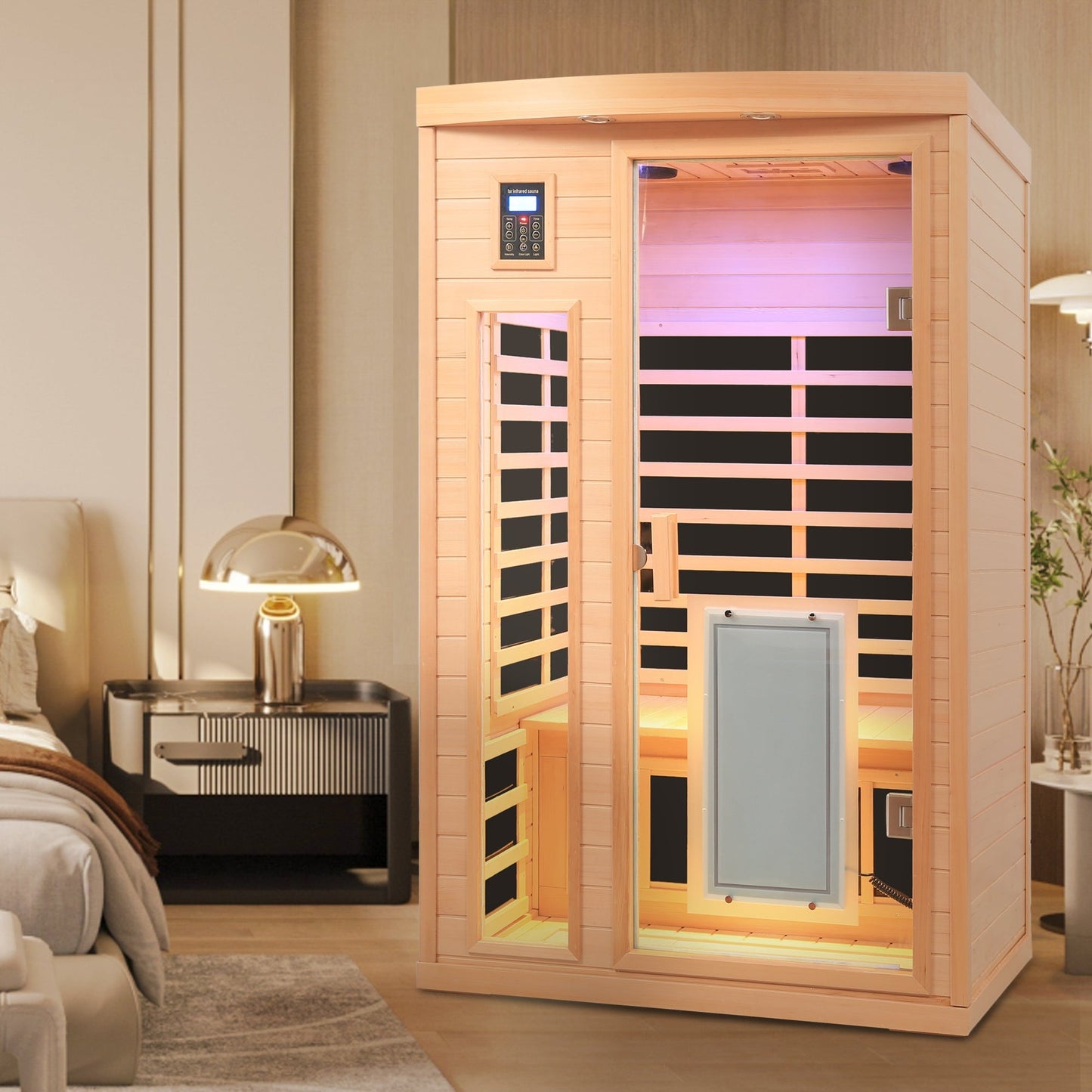 Low EMF, There is also a heating plate on the glass door, Hemlock wood Far-infrared indoor Two person sauna room