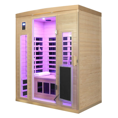 Low EMF, There is also a heating plate on the glass door, Hemlock wood Far-infrared indoor Three person sauna room