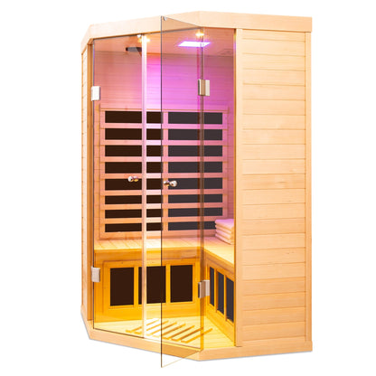 Deluxe Hemlock Far Infrared Corner Sauna Room with Glass Front for Two Persons