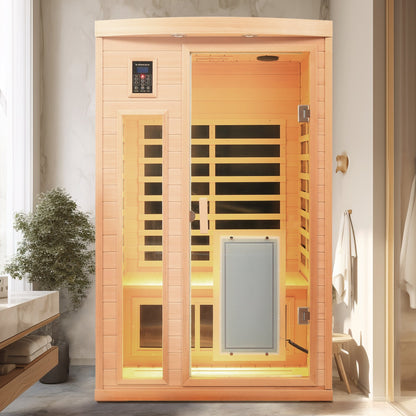 Low EMF, There is also a heating plate on the glass door, Hemlock wood Far-infrared indoor Two person sauna room